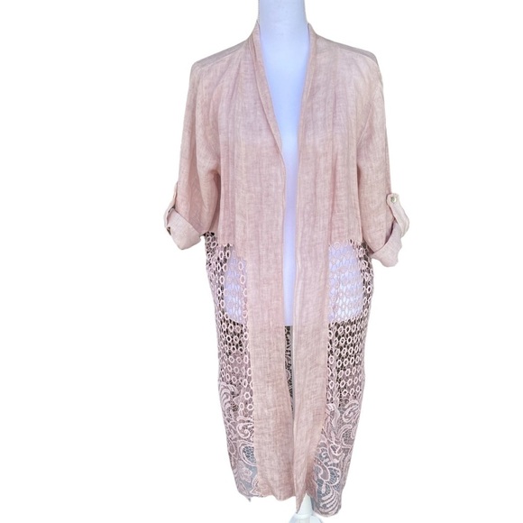 100% Linen Maxi Cardigan Made In Italy Blush Pink Roll Tab Sleeves Crochet Lace - Picture 1 of 12